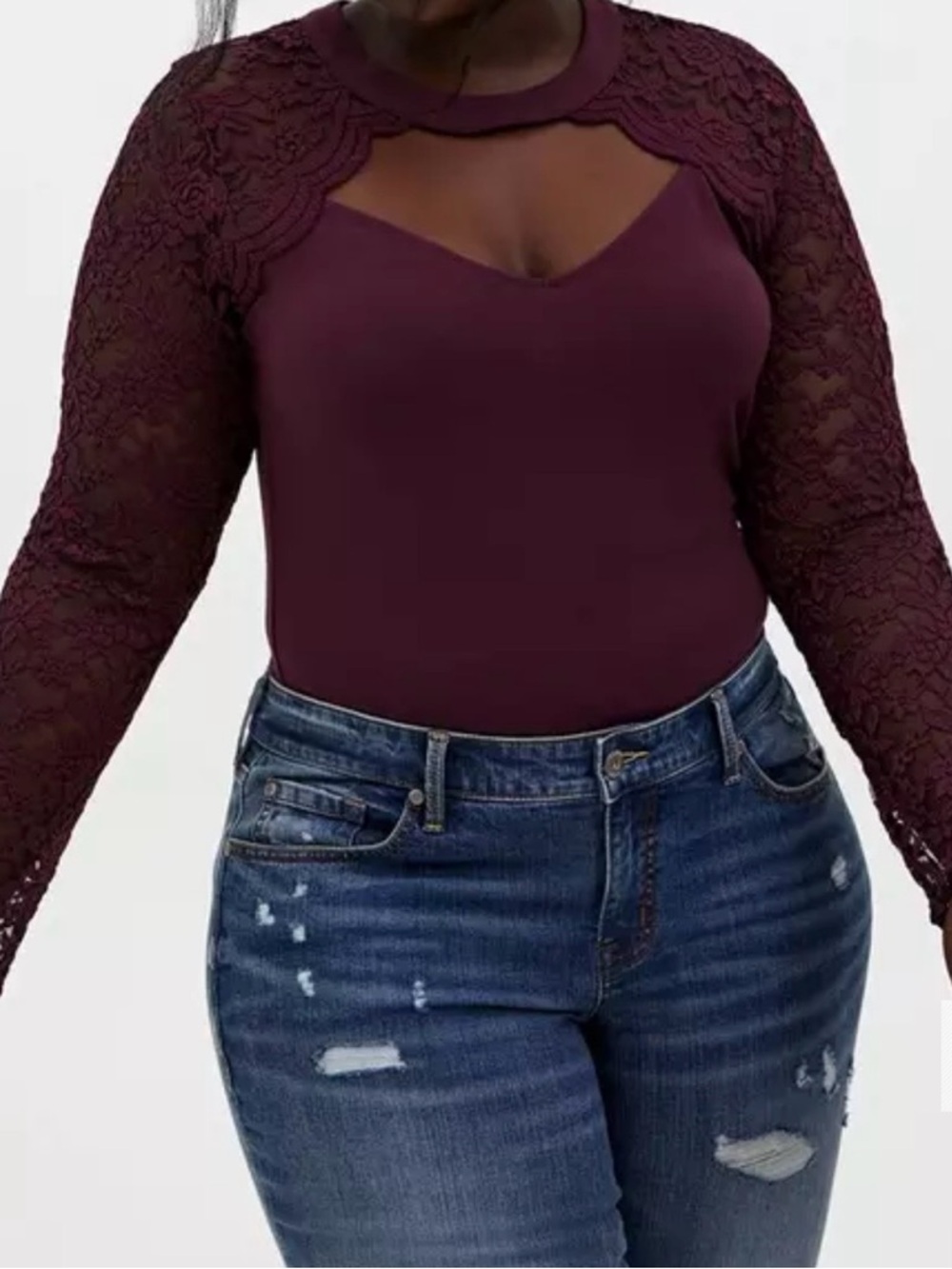 Torrid Foxy Choker Neck Lace Sleeve Women's Top - Burgundy Sz 1/14-16 - Picture 5 of 7